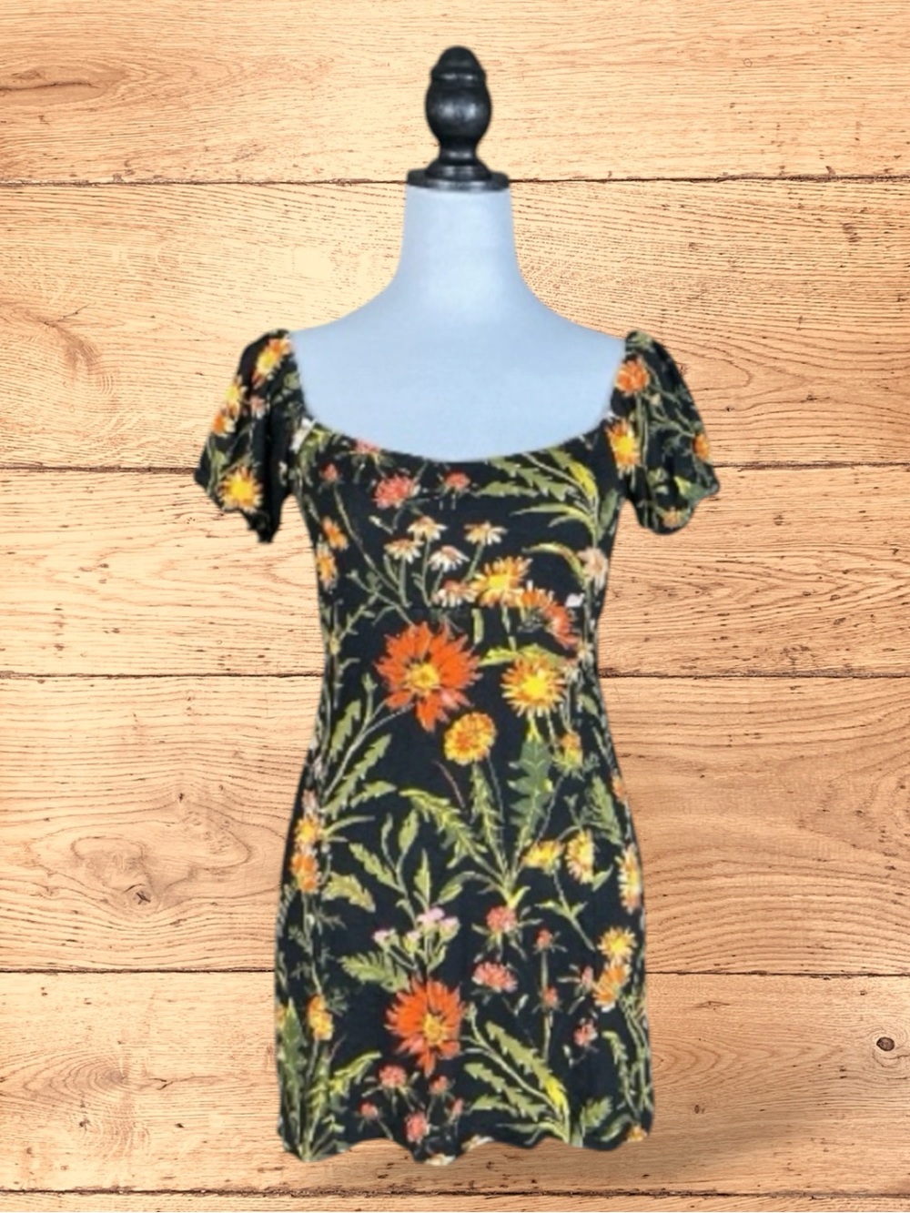 Urban Outfitters Dress Black Green Orange Mini Bodycon Floral Dark Academia M